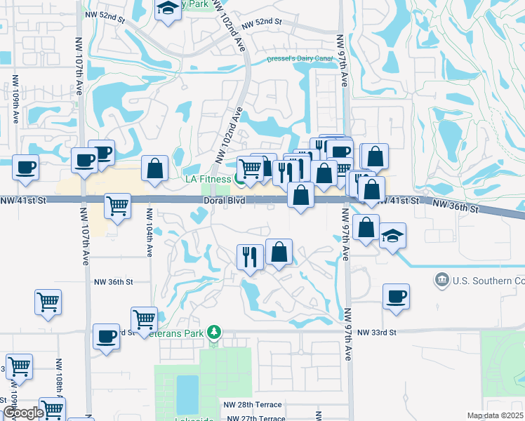 map of restaurants, bars, coffee shops, grocery stores, and more near 3976 Adra Avenue in Doral