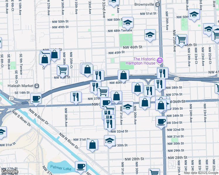 map of restaurants, bars, coffee shops, grocery stores, and more near 3800 Northwest 32nd Avenue in Miami