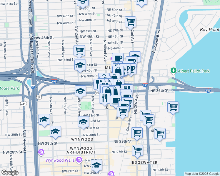 map of restaurants, bars, coffee shops, grocery stores, and more near 47 Florida 25 in Miami