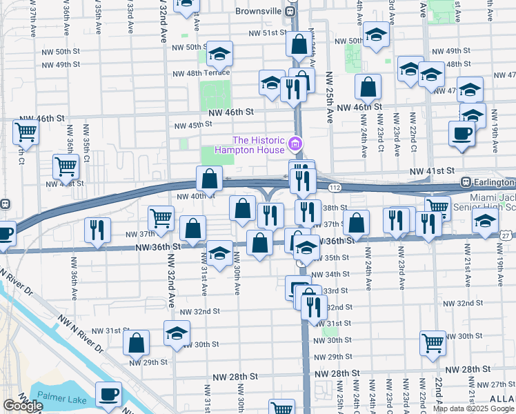 map of restaurants, bars, coffee shops, grocery stores, and more near 2950 Southwest 38th Avenue in Miami