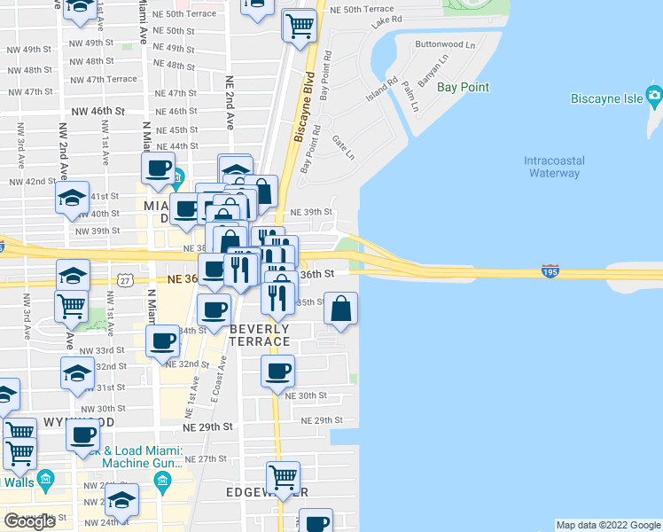 map of restaurants, bars, coffee shops, grocery stores, and more near 555 Northeast 34th Street in Miami