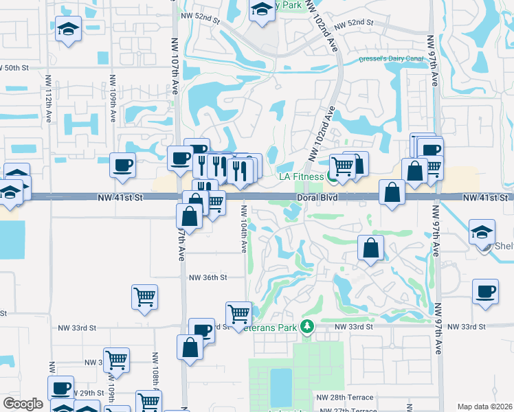 map of restaurants, bars, coffee shops, grocery stores, and more near 3988 Estepona Avenue in Doral