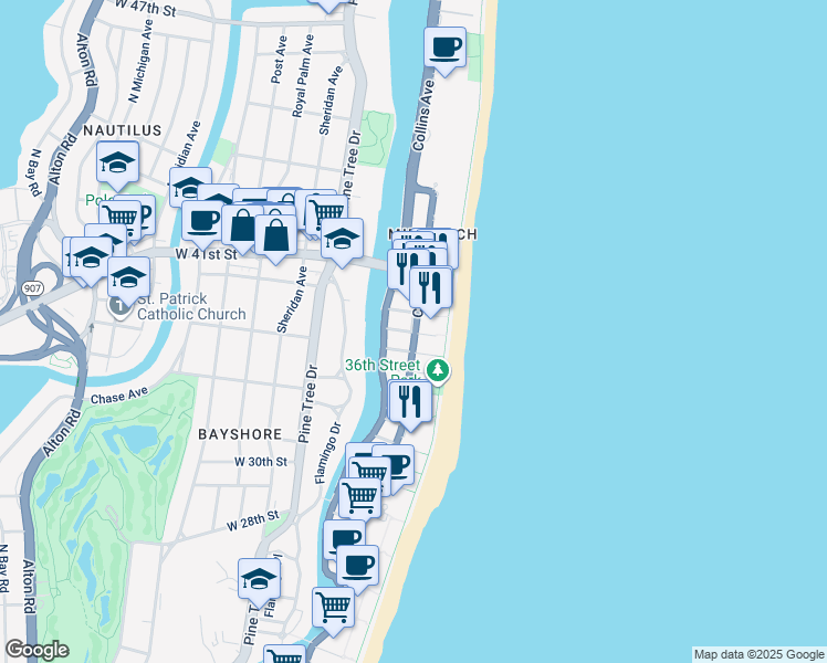 map of restaurants, bars, coffee shops, grocery stores, and more near Collins Ave & 38th St in Miami Beach