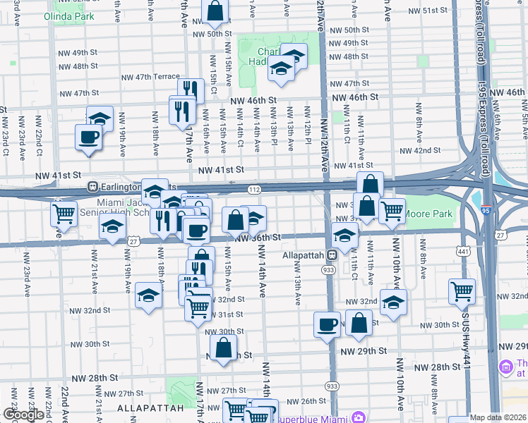 map of restaurants, bars, coffee shops, grocery stores, and more near 1400 Northwest 37th Street in Miami