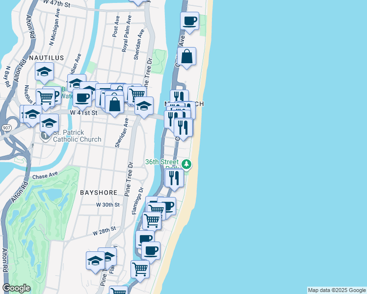 map of restaurants, bars, coffee shops, grocery stores, and more near 3737 Collins Avenue in Miami Beach