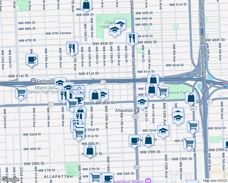 map of restaurants, bars, coffee shops, grocery stores, and more near 1335 Northwest 37th Street in Miami