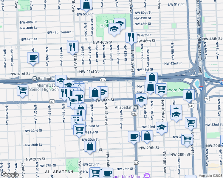 map of restaurants, bars, coffee shops, grocery stores, and more near 1335 Northwest 37th Street in Miami