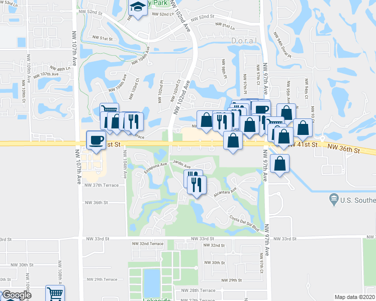 map of restaurants, bars, coffee shops, grocery stores, and more near 3942 Adra Avenue in Doral