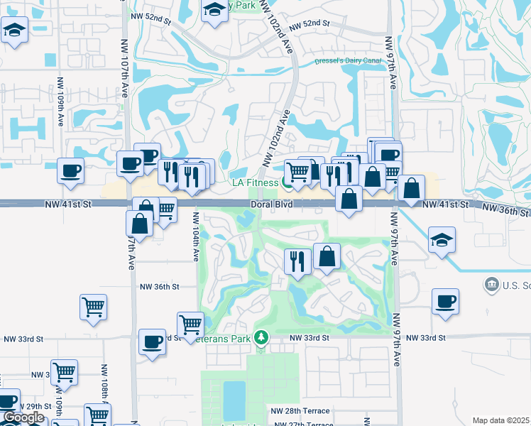 map of restaurants, bars, coffee shops, grocery stores, and more near 10166 Northwest 41st Street in Doral