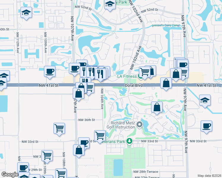 map of restaurants, bars, coffee shops, grocery stores, and more near 3996 Estepona Avenue in Doral