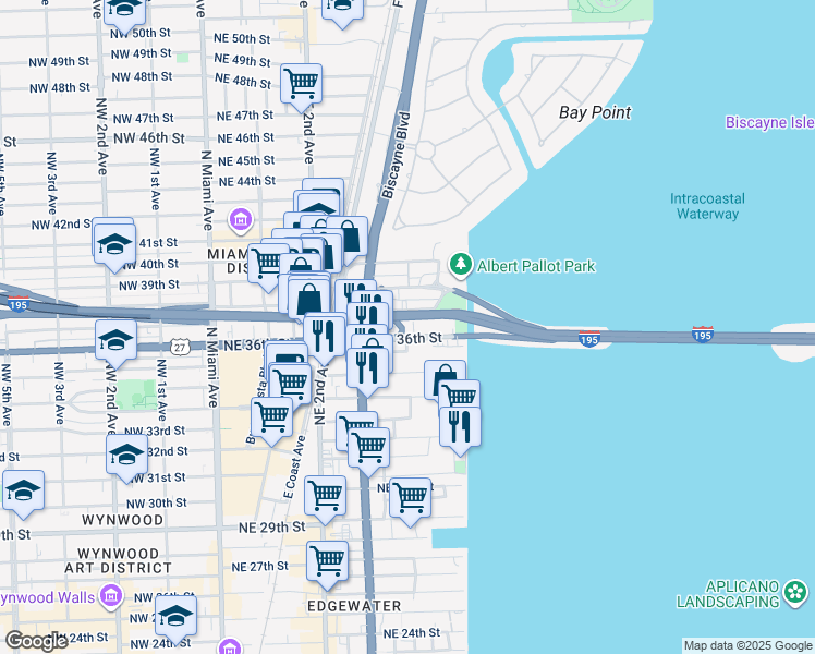 map of restaurants, bars, coffee shops, grocery stores, and more near 555 Northeast 34th Street in Miami