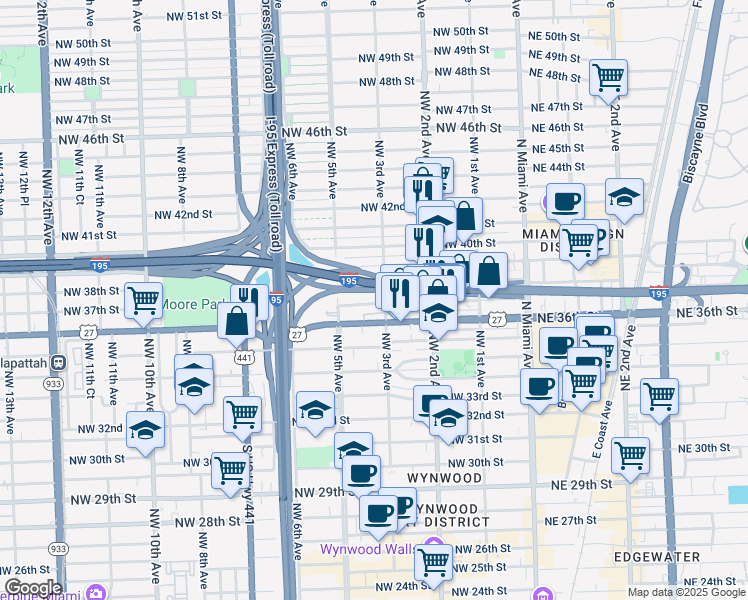 map of restaurants, bars, coffee shops, grocery stores, and more near 301 Northwest 36th Street in Miami