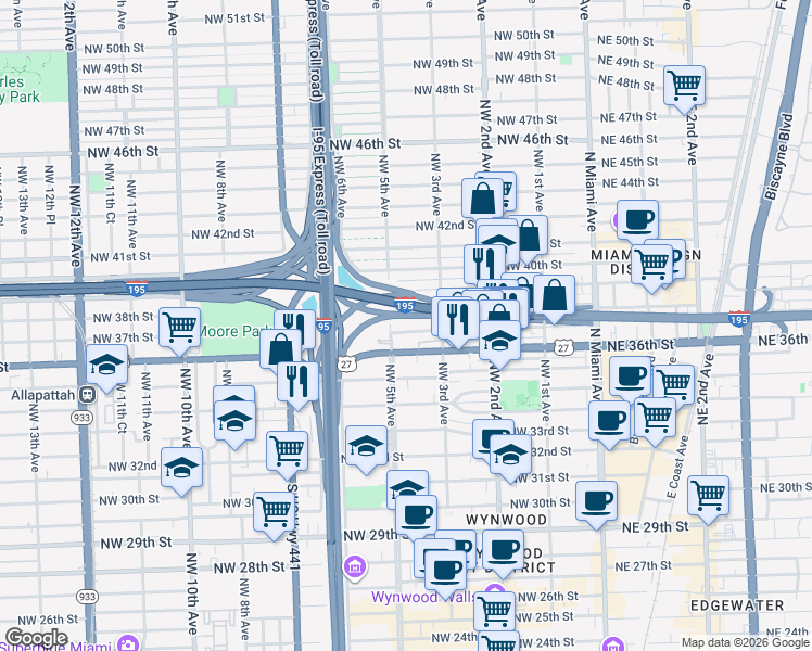 map of restaurants, bars, coffee shops, grocery stores, and more near in Miami