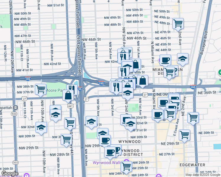 map of restaurants, bars, coffee shops, grocery stores, and more near 301 Northwest 36th Street in Miami