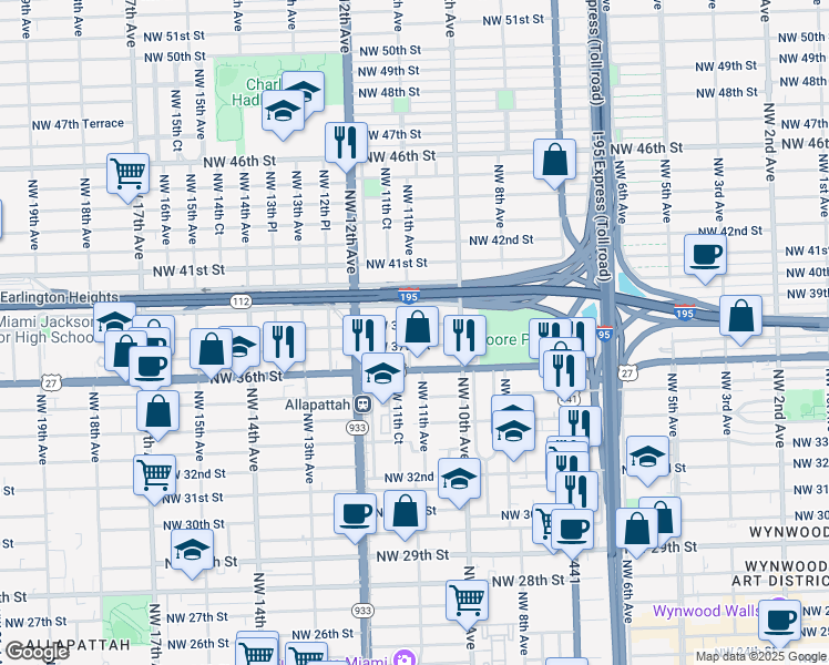 map of restaurants, bars, coffee shops, grocery stores, and more near 1112 Northwest 37th Street in Miami