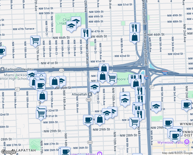 map of restaurants, bars, coffee shops, grocery stores, and more near 1112 Northwest 37th Street in Miami