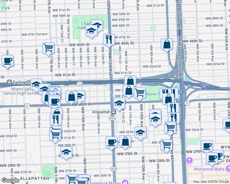map of restaurants, bars, coffee shops, grocery stores, and more near 1184 Northwest 37th Street in Miami