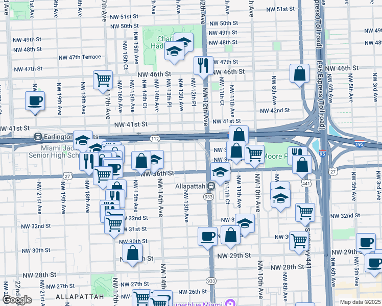 map of restaurants, bars, coffee shops, grocery stores, and more near 1259 Northwest 37th Street in Miami