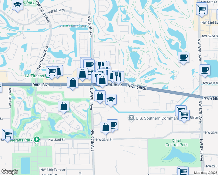 map of restaurants, bars, coffee shops, grocery stores, and more near 9400 Northwest 41st Street in Doral