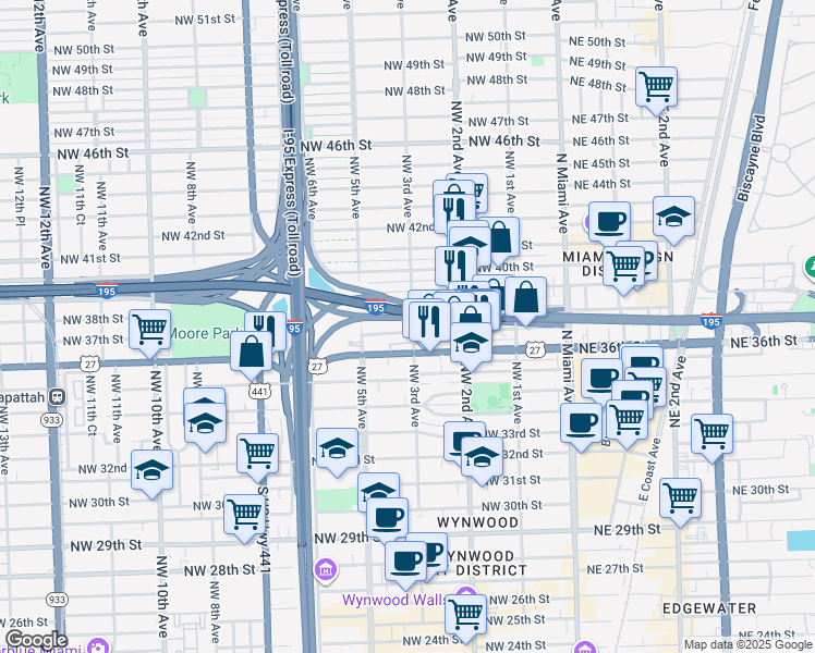 map of restaurants, bars, coffee shops, grocery stores, and more near 301 Northwest 36th Street in Miami