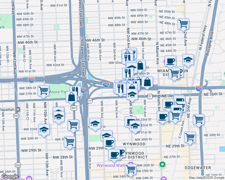 map of restaurants, bars, coffee shops, grocery stores, and more near 301 Northwest 36th Street in Miami
