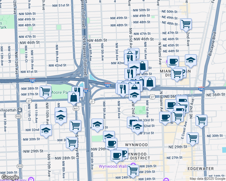 map of restaurants, bars, coffee shops, grocery stores, and more near 301 Northwest 36th Street in Miami