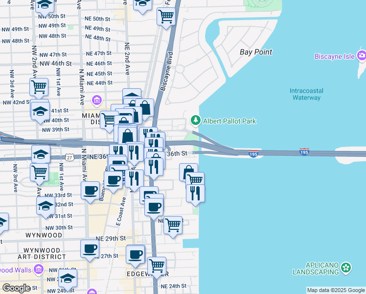 map of restaurants, bars, coffee shops, grocery stores, and more near 555 Northeast 34th Street in Miami