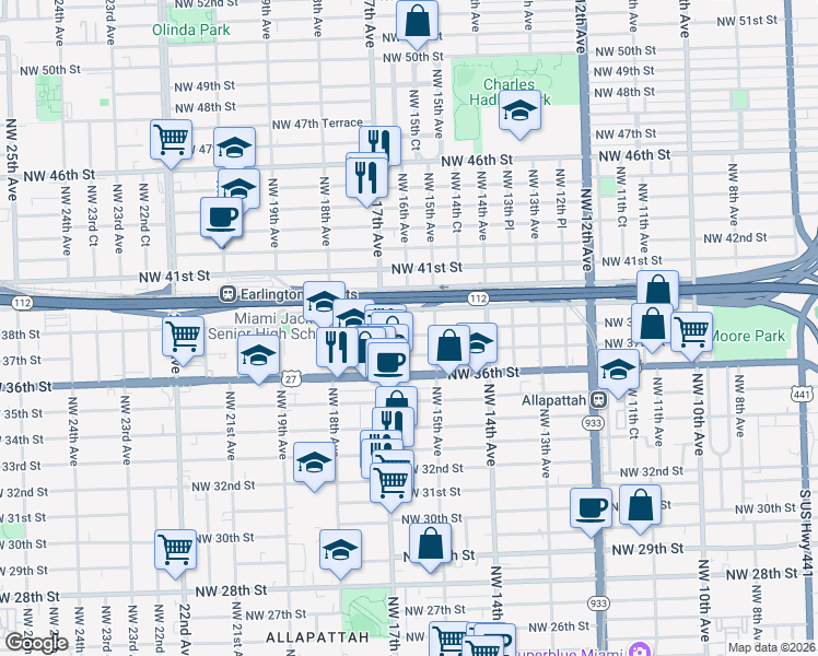 map of restaurants, bars, coffee shops, grocery stores, and more near 1601 Northwest 37th Street in Miami