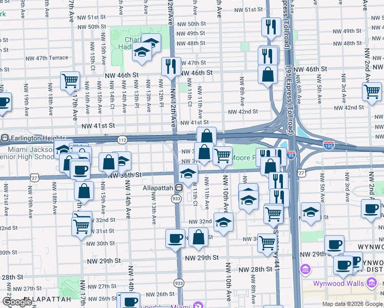 map of restaurants, bars, coffee shops, grocery stores, and more near 1100 Northwest 39th Street in Miami