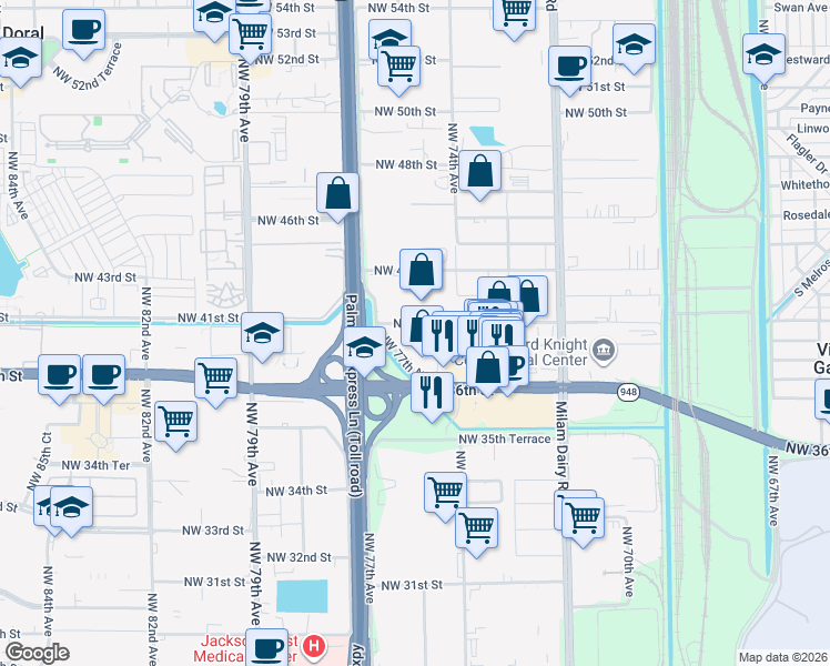 map of restaurants, bars, coffee shops, grocery stores, and more near 7500 Northwest 41st Street in Miami