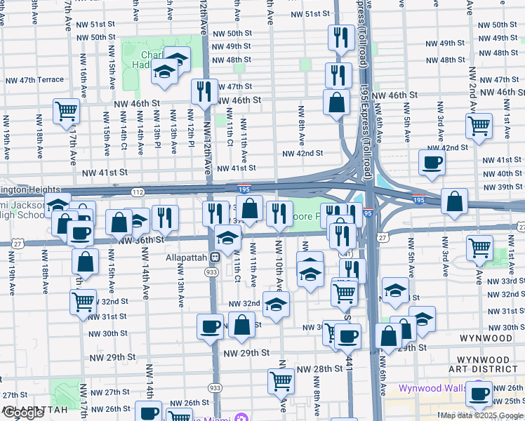 map of restaurants, bars, coffee shops, grocery stores, and more near 1040 Northwest 39th Street in Miami