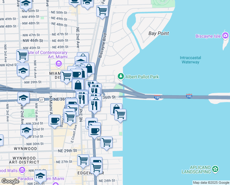 map of restaurants, bars, coffee shops, grocery stores, and more near 499 Northeast 37th Street in Miami