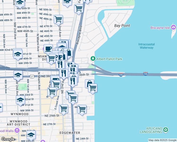map of restaurants, bars, coffee shops, grocery stores, and more near 499 Northeast 37th Street in Miami