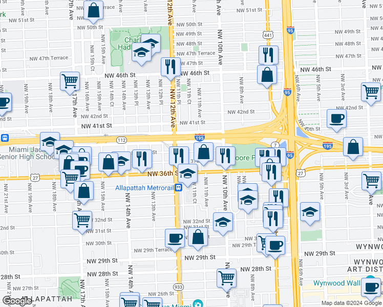 map of restaurants, bars, coffee shops, grocery stores, and more near 1100 Northwest 39th Street in Miami