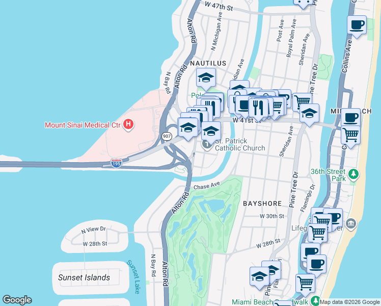 map of restaurants, bars, coffee shops, grocery stores, and more near in Miami Beach