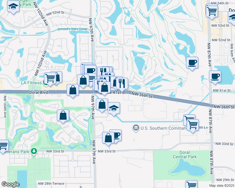 map of restaurants, bars, coffee shops, grocery stores, and more near 9400 Northwest 41st Street in Doral