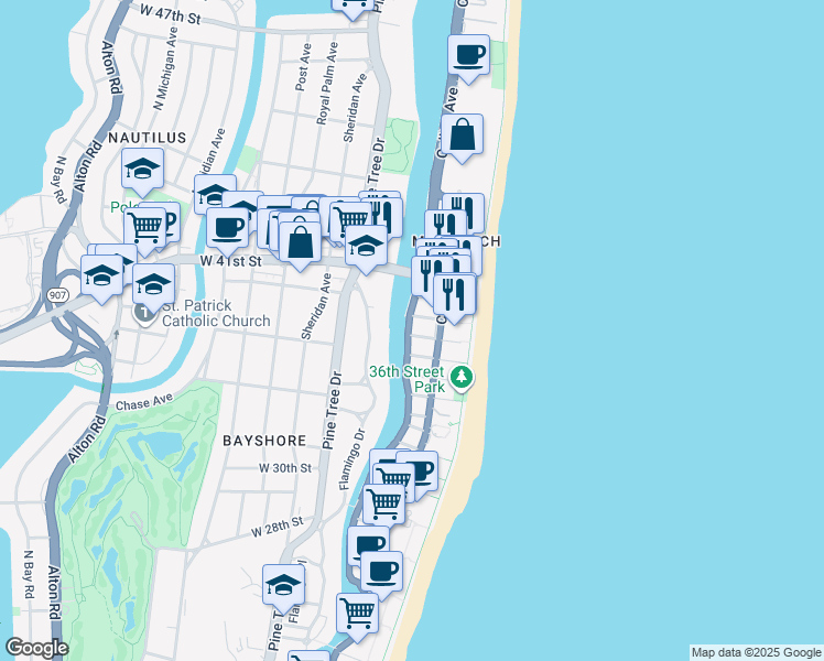 map of restaurants, bars, coffee shops, grocery stores, and more near 3901 Indian Creek Drive in Miami Beach