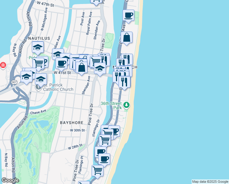 map of restaurants, bars, coffee shops, grocery stores, and more near 3901 Indian Creek Drive in Miami Beach