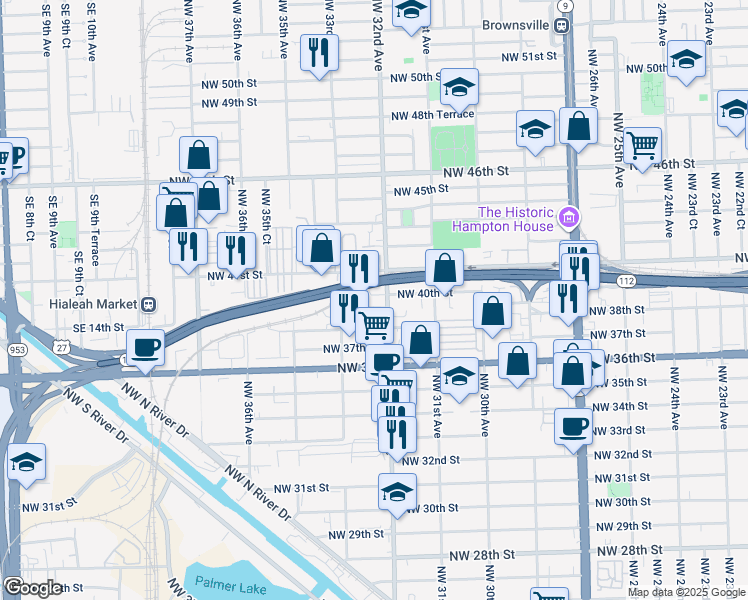 map of restaurants, bars, coffee shops, grocery stores, and more near 4001 Northwest 32nd Avenue in Miami
