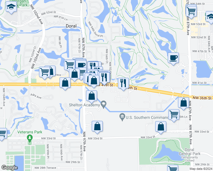 map of restaurants, bars, coffee shops, grocery stores, and more near 9405 Doral Boulevard in Doral