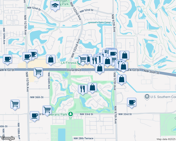 map of restaurants, bars, coffee shops, grocery stores, and more near 9915 Northwest 41st Street in Doral