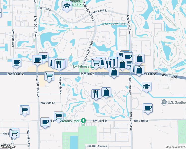 map of restaurants, bars, coffee shops, grocery stores, and more near 10015 Northwest 41st Street in Doral