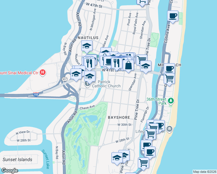map of restaurants, bars, coffee shops, grocery stores, and more near 3737 Chase Avenue in Miami Beach