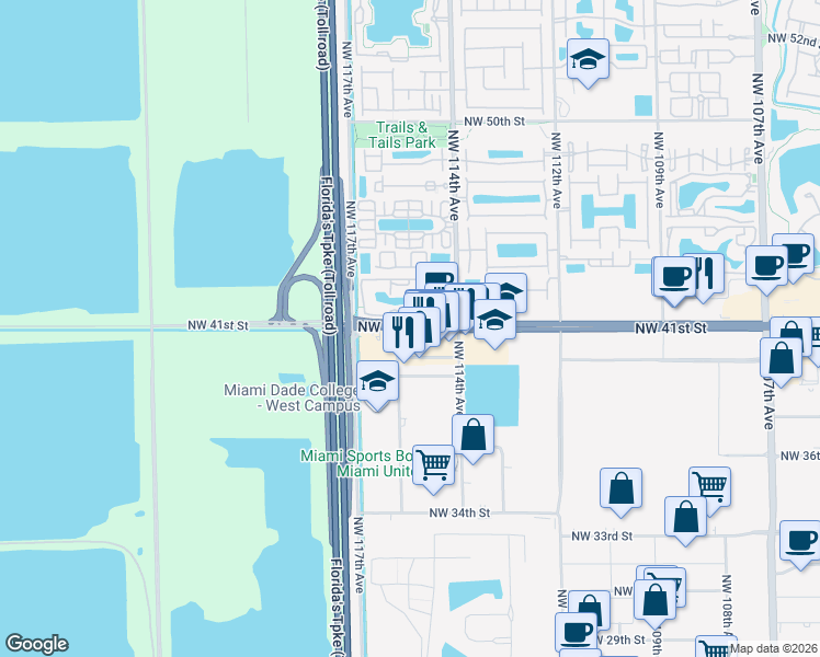 map of restaurants, bars, coffee shops, grocery stores, and more near Northwest 41st Street in Doral