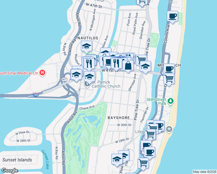 map of restaurants, bars, coffee shops, grocery stores, and more near 3737 Chase Avenue in Miami Beach