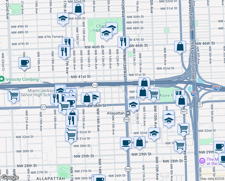 map of restaurants, bars, coffee shops, grocery stores, and more near 1252 Northwest 39th Street in Miami