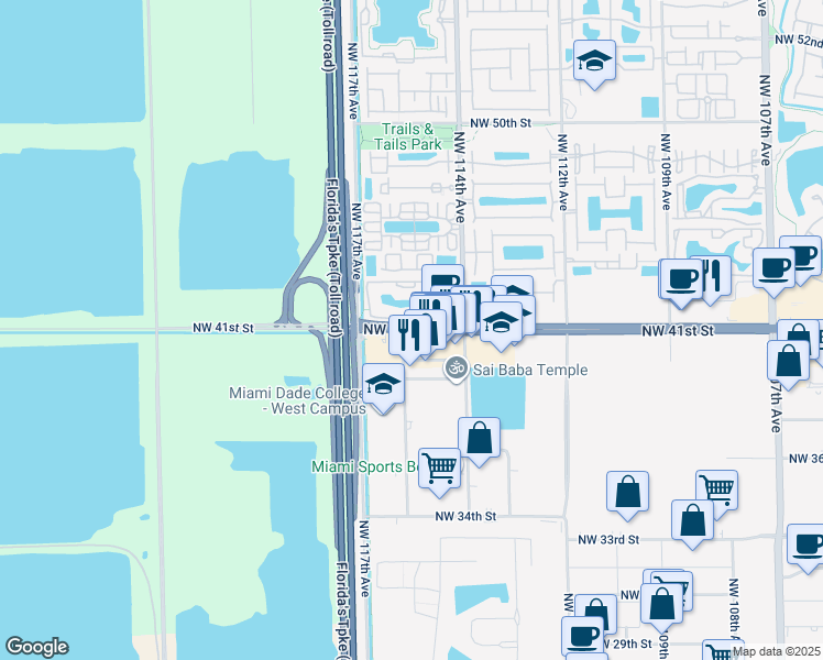 map of restaurants, bars, coffee shops, grocery stores, and more near 11501 Northwest 41st Street in Doral
