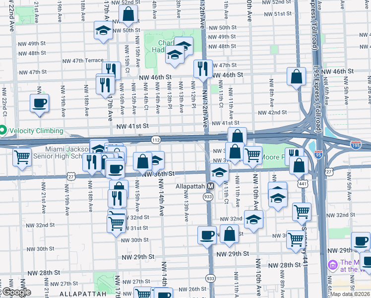 map of restaurants, bars, coffee shops, grocery stores, and more near 1252 Northwest 39th Street in Miami