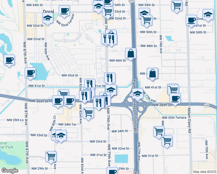 map of restaurants, bars, coffee shops, grocery stores, and more near 4081 Northwest 79th Avenue in Doral