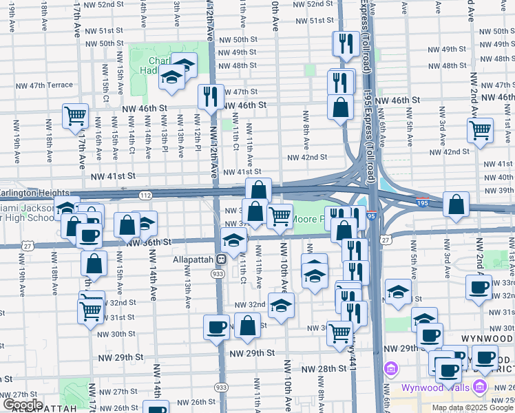 map of restaurants, bars, coffee shops, grocery stores, and more near 1040 Northwest 39th Street in Miami
